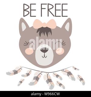 Cute sweet little wolf smiling face with feathers. Inscription quote Be Free. Graphic design. Stock Vector