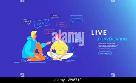 Casual friends talking and smiling together. Gradient vector illustration of young teenage couple are sitting on the floor and chatting and having liv Stock Vector