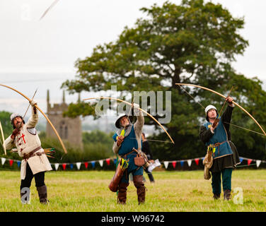 Re-enactors stage the Battle of Shrewsbury 1403 on the original battlefield in July 2019 Stock Photo