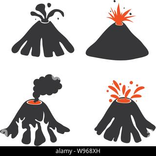 vector set of volcano icons isolated on white background. graphic logo of volcano eruption with mountain, lava and smoke for nature illustrations Stock Vector