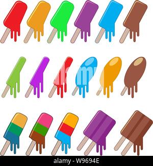 vector icecream popsicles isolated on white background. colorful cartoon fruit and chocolate icecreams with sticks Stock Vector