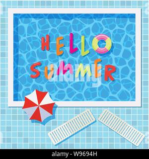vector colorful summer background with swimming pool, umbrella and air ring. summer holiday party illustration. hello summer text on wavy pool water Stock Vector