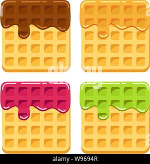 vector belgian waffles with colorful flowing fruit syrup and chocolate ...