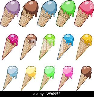 vector ice cream set. colorful cartoon icecreams with wafer cones and cups. collection of melting ice-cream in crispy wafer cones and cups isolated on Stock Vector