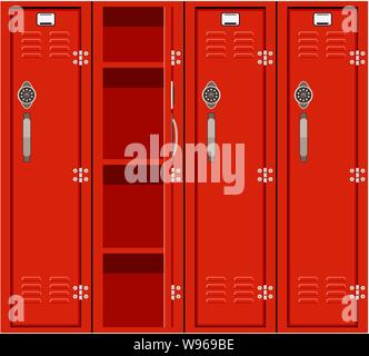 vector red school lockers for education background. illustration of metal school locker opened and closed Stock Vector