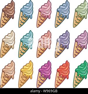 vector ice cream cones isolated on white background. variety of colorful icecream cones drawing with vanilla, fruit and chocolate ice-cream Stock Vector