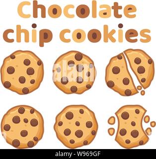 vector set of chocolate chip whole, broken and bitten cookies isolated on white background. symbols of homemade biscuit choc cookie with a bite and cr Stock Vector