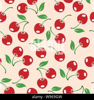 vector red cherry seamless pattern. cherry fruit with leaves background illustration. colorful seamless food pattern Stock Vector