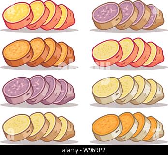 vector sweet potatoes slices set isolated on white background. raw batatas potato slices. healthy organic food, vegetable agriculture illustration Stock Vector