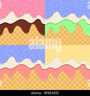 vector collection of wafer with colorful fruit syrup, icecream and melting chocolate backgrounds. seamless waffle texture pattern. crispy wafer with s Stock Vector
