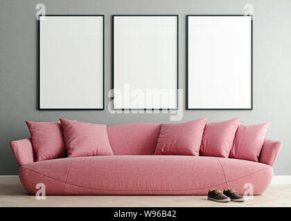 Horizontal mock up poster frame in modern interior background, millennial pink sofa in living room, Scandinavian style, 3D render, 3D illustration Stock Photo