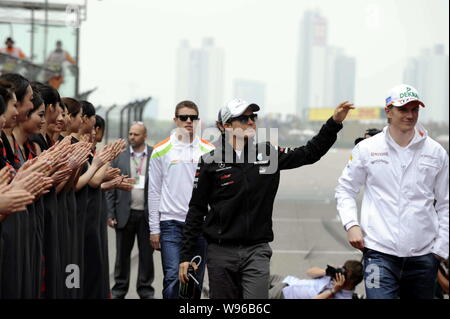 German F1 driver Nico Rosberg of the Mercedes team is pictured during the Chinese Grand Prix in Shanghai, China, 15 April 2012.   After taking the fir Stock Photo