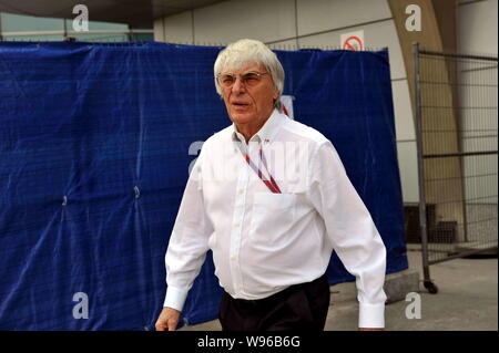 Bernie Ecclestone, president and CEO of Formula One Management and Formula One Administration, is pictured before the qualifying session for the Chine Stock Photo