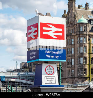 The entrance sign to Waverley Station on Waverley Bridge, Edinburgh, Scotland, UK. Stock Photo