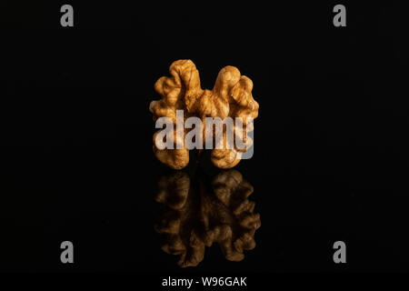 One whole ripe brown walnut without shell isolated on black glass Stock Photo
