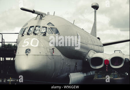 YORK, UK - 6TH AUGUST 2019: The large BAe Nimrod MR2 XV250 sits on display at Yorkshire Air Museum in the UK Stock Photo