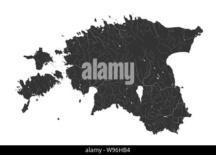 Baltic states - map of Estonia. Hand made. Rivers and lakes are shown. Please look at my other images of cartographic series - they are all very detai Stock Vector