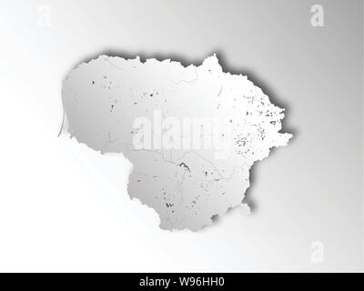 Map of Lithuania with paper cut effect. Hand made. Rivers and lakes are shown. Please look at my other images of cartographic series - they are all ve Stock Vector