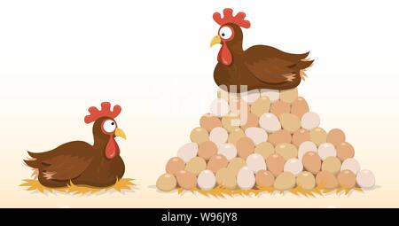 Cartoon chicken sits on top of a huge pile of eggs while looking down on a less successful chicken Stock Vector