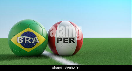 Peru vs. Brazil Soccer Match - Soccer balls in Brazil and Peru national colors on a soccer field. Copy space on the right side - 3D Rendering Stock Photo