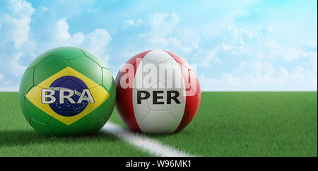 Peru vs. Brazil Soccer Match - Soccer balls in Brazil and Peru national colors on a soccer field. Copy space on the right side - 3D Rendering Stock Photo