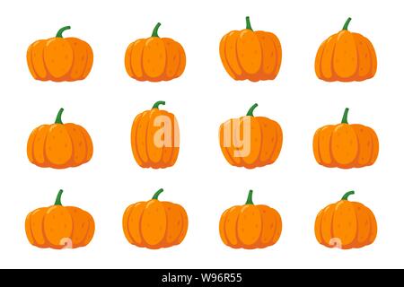 Pumpkin squash cartoon icon set. Orange autumn gourd vegetable isolated vector symbols for agriculture harvest. Thanksgiving or Halloween holidays flat design Stock Vector