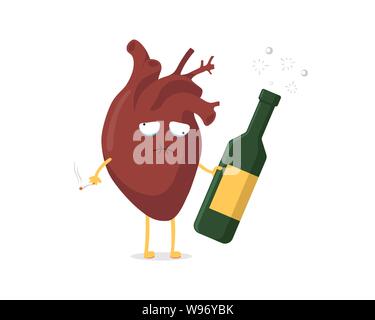 Sad unhealthy sick cartoon heart character with alcohol bottle and cigarette. Human circulatory organ mascot pain bad emotion. Vector illustration Stock Vector