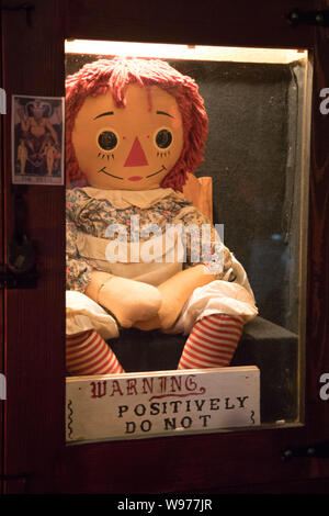 The Real Annabelle Doll that is located in the Warren's Occult Museum in Monroe Connecticut. This is the doll that all 3 Annabelle Movies are based on Stock Photo