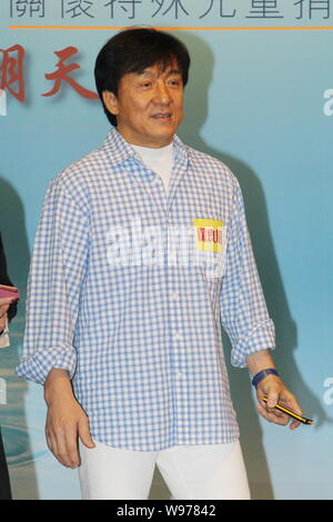 Hong Kong kungfu superstar Jackie Chan attends the launch ceremony for the Donation Campaign for the Po Leung Kuk Special Children Development Fund in Stock Photo