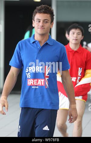 Olympic diving bronze medalist Thomas Daley of Britain arrives for a training and demonstration session to coach young Chinese and British diving fans Stock Photo