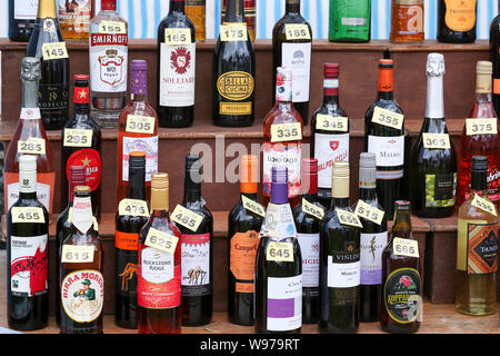 selection of wine bottles and spirits used as raffle prizes Stock Photo