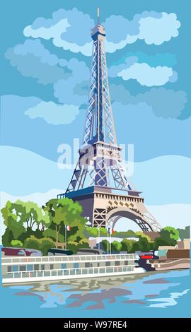 Colorful vector illustration of Eiffel Tower, landmark of Paris, France. Cityscape with Eiffel Tower, view on Seine river embankment. Stock Vector
