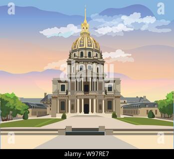 Colorful vector Illustration of National Residence of the Invalids, landmark of Paris, France. Colorful vector illustration, cityscape of Paris. Stock Vector