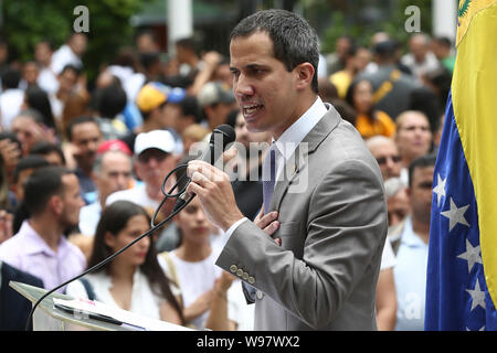 Caracas, Venezuela. 07th Aug, 2019. Juan Guaido, Venezuela's opposition leader and self-proclaimed interim president speaks at an event in Caracas on August 7, 2019. Credit: Pedro Ramses Mattey/dpa/Alamy Live News Stock Photo