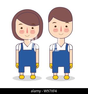 cleaning service uniform. Illustration of staff wearing maintenance blue clothes and yellow gloves. Hotel housekeeper. Illustration of people Stock Vector