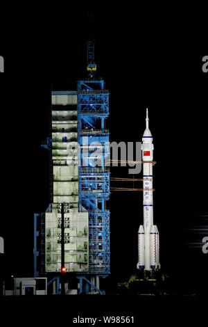 A Long March 2F (CZ-2F) carrier rocket carrying the Shenzhou VIII (Shenzhou-8) spacecraft is seen on the launch pad before the blast-off at the Jiuqua Stock Photo