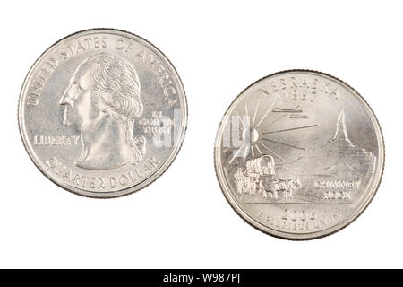 Obverse and reverse sides of the Nebraska  2006p State Commemorative Quarter isolated on a white background Stock Photo