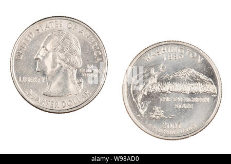 Obverse and reverse sides of the Washington 2007d State Commemorative Quarter isolated on a white background Stock Photo