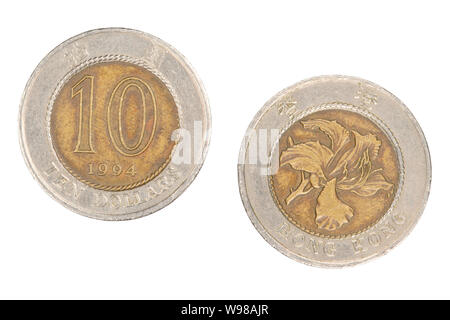 Obverse and reverse sides of  Hong Kong Ten Dollar Coin isolated on a white background Stock Photo