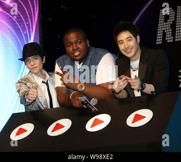 Jamaican-American singer Sean Kingston (middle), Taiwanese singer Wilber Pan (right) and Jam Hsiao (left) attend a press conference of Remix music fes Stock Photo