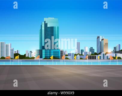 city skyline modern skyscrapers fence and river against cityscape background flat horizontal banner Stock Vector