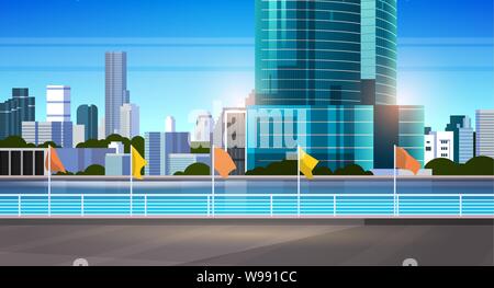 city skyline modern skyscrapers fence and river against cityscape background flat horizontal banner Stock Vector