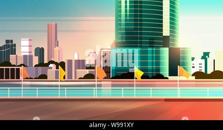 city skyline modern skyscrapers fence and river against cityscape sunset background flat horizontal Stock Vector