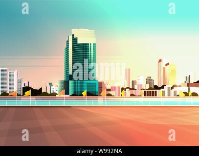 city skyline modern skyscrapers fence and river against cityscape sunset background flat horizontal banner Stock Vector