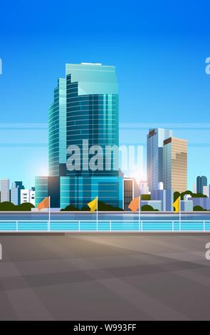 city skyline modern skyscrapers fence and river against cityscape background flat vertical Stock Vector