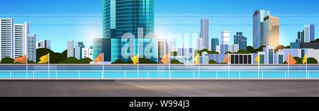 city skyline modern skyscrapers fence and river against cityscape background flat horizontal banner Stock Vector