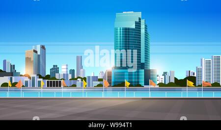 city skyline modern skyscrapers fence and river against cityscape background flat horizontal banner Stock Vector