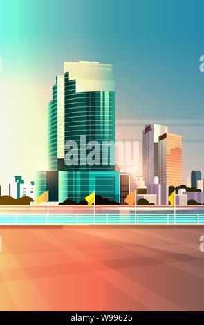 city skyline modern skyscrapers fence and river against cityscape sunset background flat vertical Stock Vector