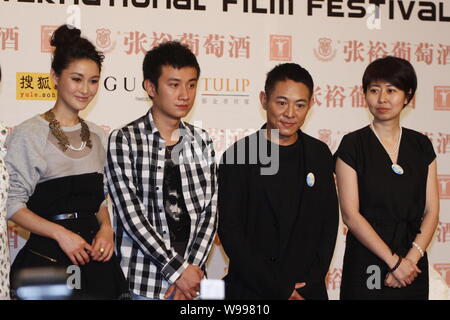 (From left) Chinese singer and actress Chen Rui, Chinese actors Wen Zhang and Jet Li, and director Xue Xiaolu attend a promotional event for the film, Stock Photo