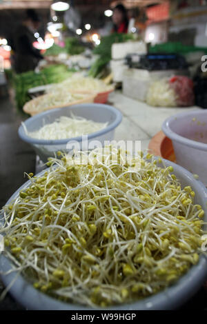 Bean sprouts sold at a fresh food market are displayed in Shanghai, China, 06 May 2011.   An investigation into poison bean sprouts, initiated in Apri Stock Photo